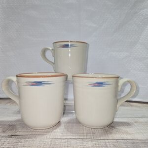 NORITAKE SET OF 3 RAINDANCE MUGS CREAM BLUE RED SOUTHWEST FLARE EUC